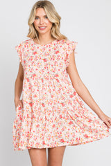 Light Peach Floral Ruffle Accent Maternity Mini Dress