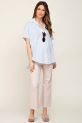 Light Blue Collared Short Sleeve Maternity Top