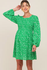 Green Floral Smocked Long Sleeve Maternity Dress