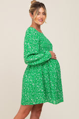 Green Floral Smocked Long Sleeve Maternity Dress