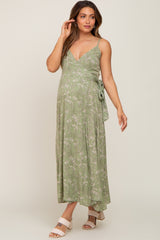 Light Olive Floral Sleeveless Maternity Wrap Maxi Dress