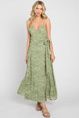 Light Olive Floral Sleeveless Maternity Wrap Maxi Dress