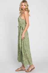 Light Olive Floral Sleeveless Wrap Maxi Dress