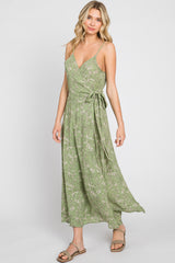 Light Olive Floral Sleeveless Wrap Maxi Dress