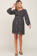 Black Floral Smocked Long Sleeve Maternity Dress