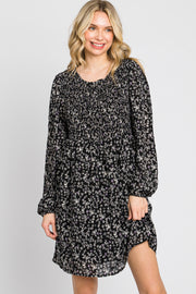 Black Floral Smocked Long Sleeve Dress