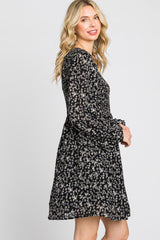 Black Floral Smocked Long Sleeve Dress