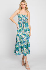 Blue Floral Smocked Strapless Midi Dress