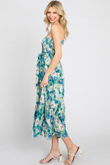 Blue Floral Smocked Strapless Midi Dress