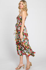 Black Floral Smocked Strapless Midi Dress