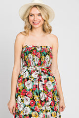 Black Floral Smocked Strapless Midi Dress