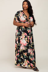 Black Floral Deep V-Neck Plus Maxi Dress