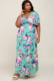 Aqua Floral Deep V-Neck Plus Maxi Dress