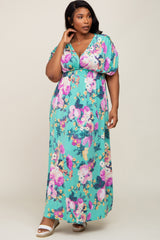 Aqua Floral Deep V-Neck Maternity Plus Maxi Dress