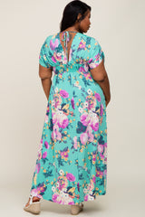 Aqua Floral Deep V-Neck Plus Maxi Dress