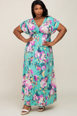 Aqua Floral Deep V-Neck Plus Maxi Dress