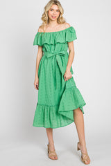 Green Eyelet Embroidered Ruffle Off Shoulder Maternity Midi Dress