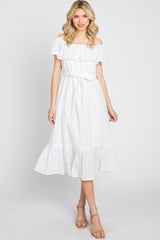 White Eyelet Embroidered Ruffle Off Shoulder Maternity Midi Dress