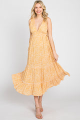 Yellow Deep V Lace-Up Side Tiered Midi Dress