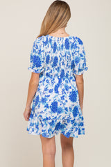 Blue Floral Smocked Puff Sleeve Maternity Dress