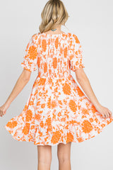 Orange Floral Smocked Puff Sleeve Dress