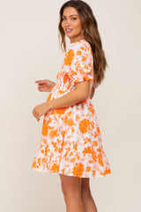 Orange Floral Smocked Puff Sleeve Maternity Dress