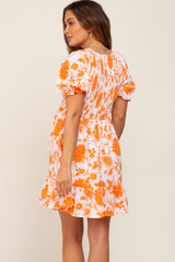 Orange Floral Smocked Puff Sleeve Maternity Dress