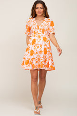 Orange Floral Smocked Puff Sleeve Maternity Dress