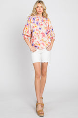 Coral Floral Smocked Mock Neck Top