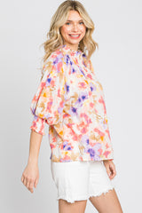 Coral Floral Smocked Mock Neck Top