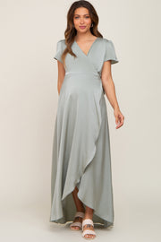 Sage Satin Hi-Lo Maternity Maxi Wrap Dress