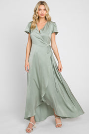 Sage Satin Hi-Lo Maxi Wrap Dress