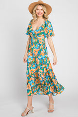 Multi-Color Floral Wrap Front Cutout Back Midi Dress