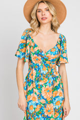 Multi-Color Floral Wrap Front Cutout Back Midi Dress