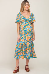 Multi-Color Floral Wrap Front Cutout Back Maternity Midi Dress