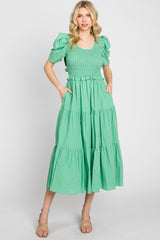 Green Smocked Tiered Ruffle Midi Dress