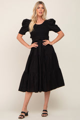 Black Smocked Tiered Ruffle Midi Dress