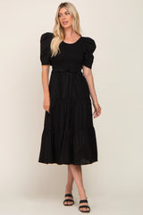 Black Smocked Tiered Ruffle Midi Dress