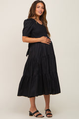 Black Smocked Tiered Ruffle Maternity Midi Dress