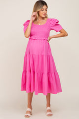 Pink Smocked Tiered Ruffle Maternity Midi Dress