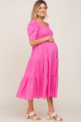 Pink Smocked Tiered Ruffle Maternity Midi Dress