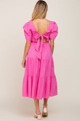 Pink Smocked Tiered Ruffle Maternity Midi Dress