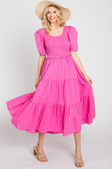 Pink Smocked Tiered Ruffle Maternity Midi Dress