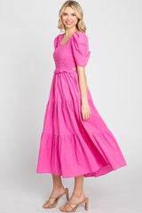 Pink Smocked Tiered Ruffle Midi Dress