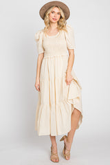 Beige Smocked Tiered Ruffle Maternity Midi Dress