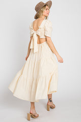 Beige Smocked Tiered Ruffle Midi Dress