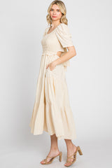 Beige Smocked Tiered Ruffle Midi Dress