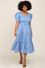 Blue Smocked Tiered Ruffle Midi Dress