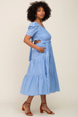 Blue Smocked Tiered Ruffle Midi Dress