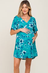 Teal Tropical Floral V-Neck Short Sleeve Maternity Dress